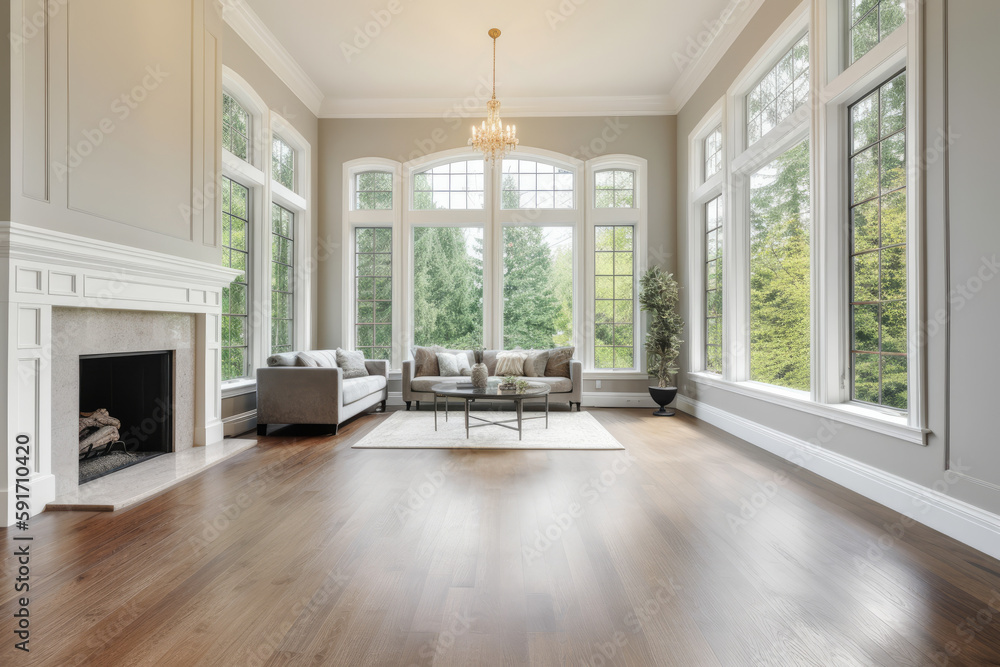 Beautiful living room interior with light walls, hardwood floors and fireplace in new luxury home. Neoclassical style with large windows. High quality generative ai