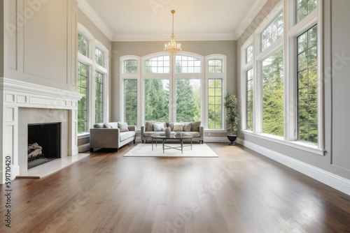 Beautiful living room interior with light walls, hardwood floors and fireplace in new luxury home. Neoclassical style with large windows. High quality generative ai © MVProductions
