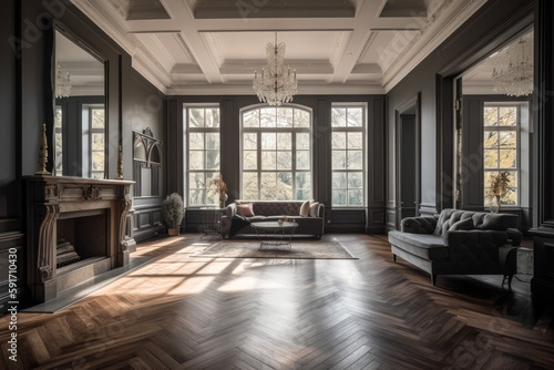Beautiful living room interior with hardwood floors and fireplace in new luxury home. Neoclassical style and dark furnishings with large windows. High quality generative ai