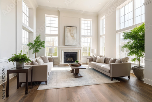 Beautiful living room interior with hardwood floors and fireplace in new luxury home. Modern style and dark furnishings with large windows. High quality generative ai © MVProductions