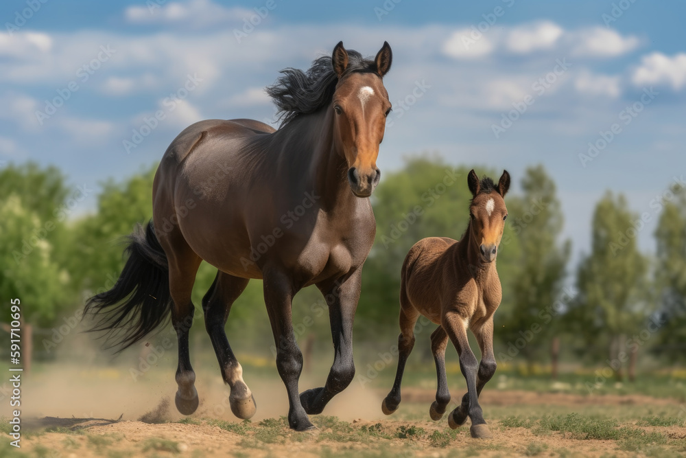 mare running along with her foal looking at the camera. - obrazy, fototapety, plakaty 