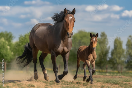 mare running along with her foal looking at the camera.