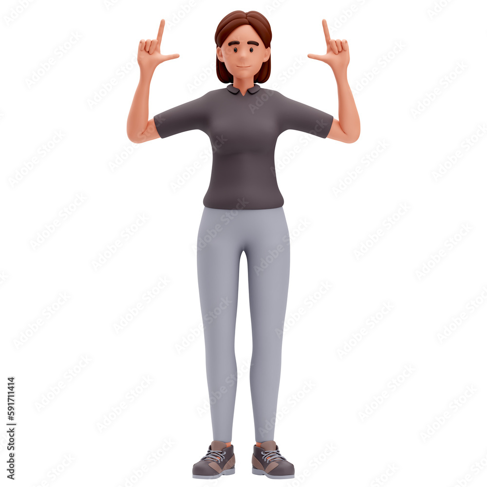 3d Illustration of Cartoon Girl Pointing Up With Both hand