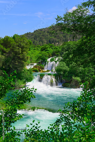 Beautiful Waterfall background. Beautiful Waterfall In Krka National Park - Croatia  Europe