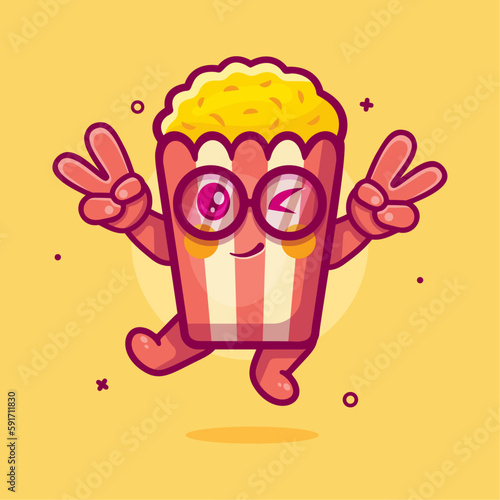cute popcorn character mascot with peace sign hand gesture isolated cartoon in flat style design
