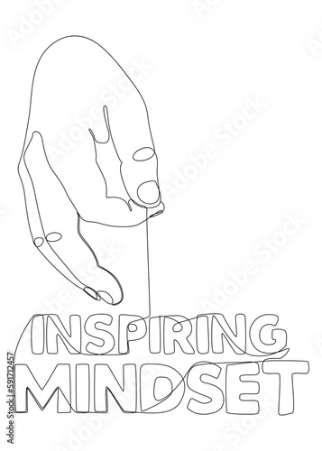 One continuous line of hand with Inspiring Mindset word. Thin Line Illustration vector concept. Contour Drawing Creative ideas.