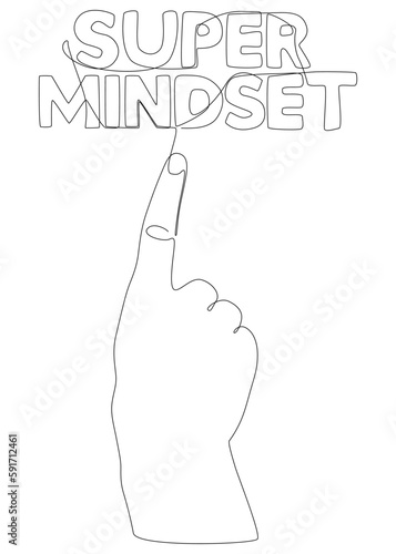 One continuous line of hand with Super Mindset word. Thin Line Illustration vector concept. Contour Drawing Creative ideas.