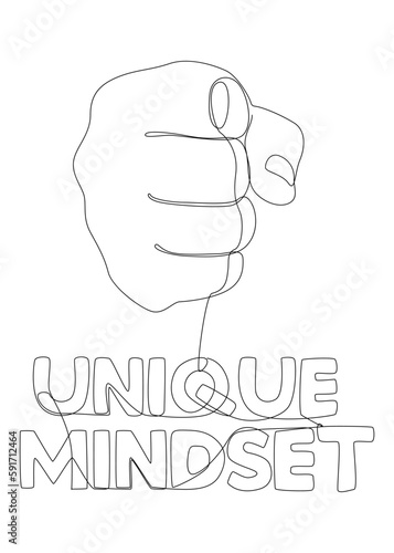 One continuous line of hand with Unique Mindset word. Thin Line Illustration vector concept. Contour Drawing Creative ideas.
