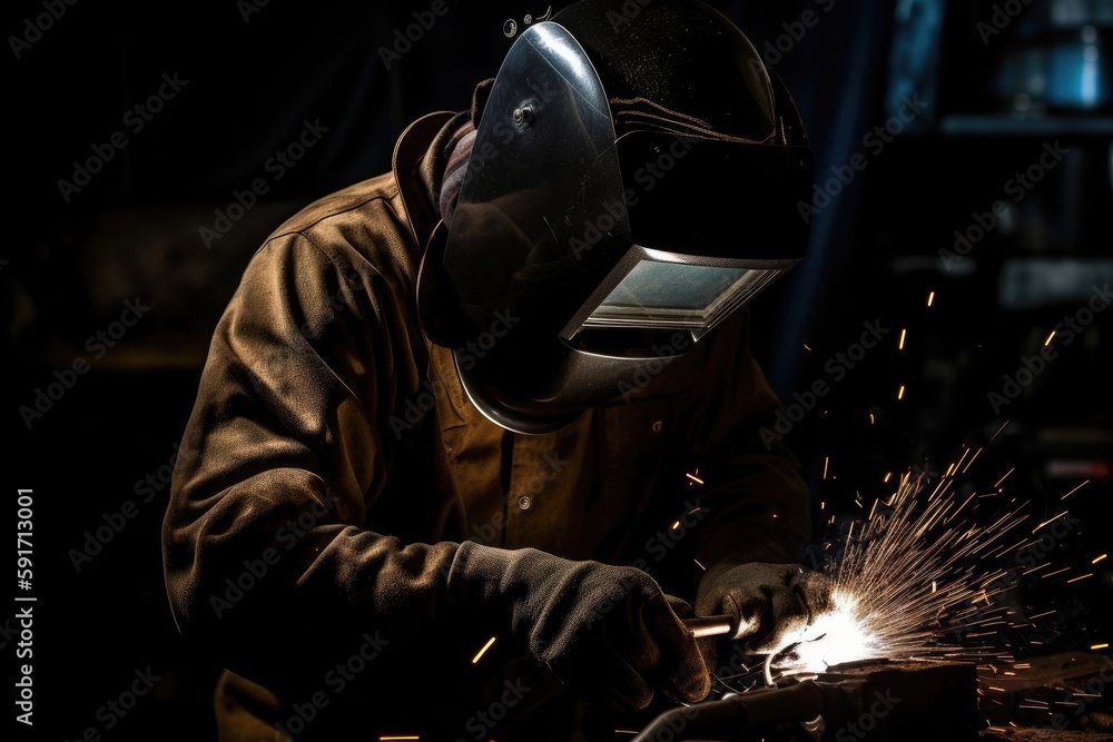 Welder welding metal, lots of sparks, wearing protective welding gear. High quality generative AI Welder welding metal, lots of sparks, wearing protective welding gear. High quality generative AI