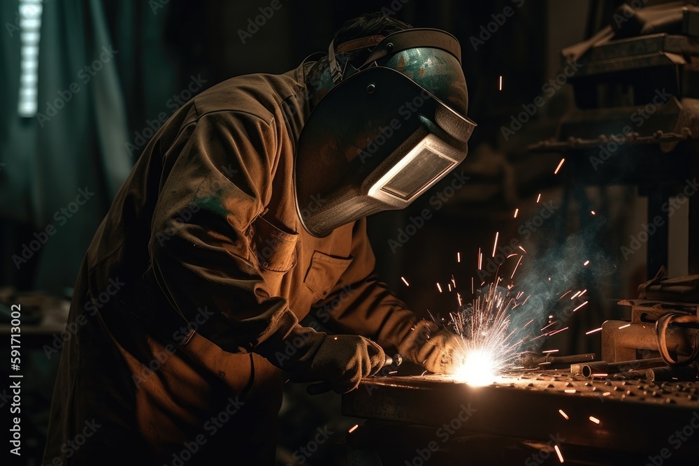Welder welding metal, lots of sparks, wearing protective welding gear. High quality generative AI Welder welding metal, lots of sparks, wearing protective welding gear. High quality generative AI