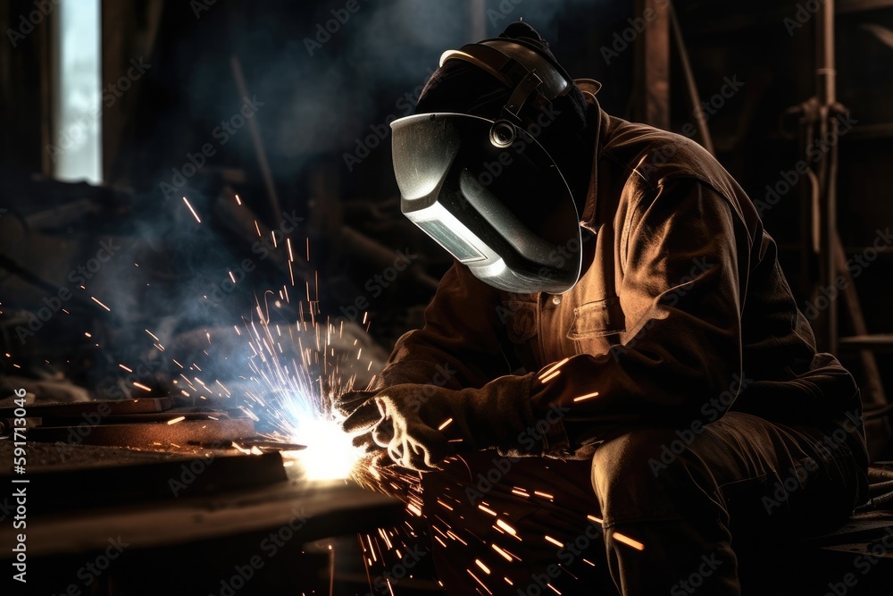 Welder welding metal, lots of sparks, wearing protective welding gear. High quality generative AI Welder welding metal, lots of sparks, wearing protective welding gear. High quality generative AI
