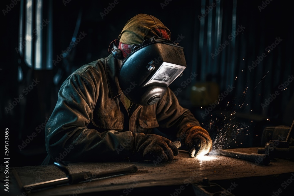 Welder welding metal, lots of sparks, wearing protective welding gear. High quality generative AI