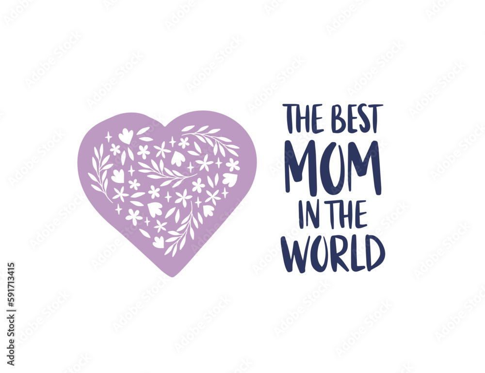 Mother's Day holiday vector illustration. Hand drawn brush lettering with floral heart isolated on white. Celebration typography for greeting gard, gift.