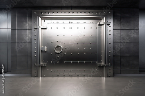 Front view of light silver bank vault door, closed
