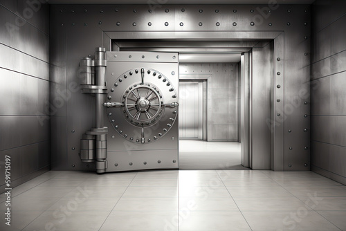 Front view of light silver bank vault door, closed