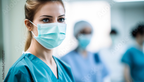 Confident Female Healthcare Worker in Blue Scrubs