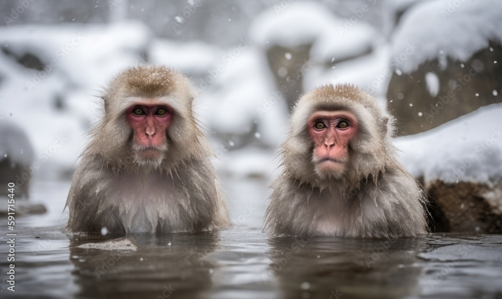 Naklejka premium Japanese wild macaques soak in hot springs in heavy snow