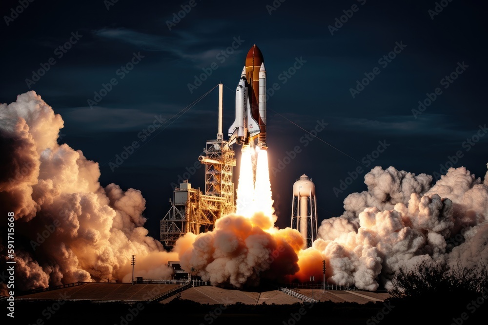 Space shuttle takes off to the space, rocket launch at spaceport, high quality generative AI