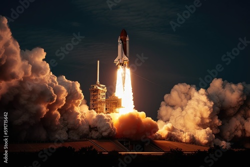 Space shuttle takes off to the space, rocket launch at spaceport, high quality generative AI