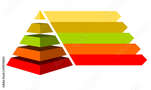 Infographic illustration of red with orange with yellow and green triangles divided and cut into five and space for text, Pyramid shape made of five layers for presenting business ideas or disparity