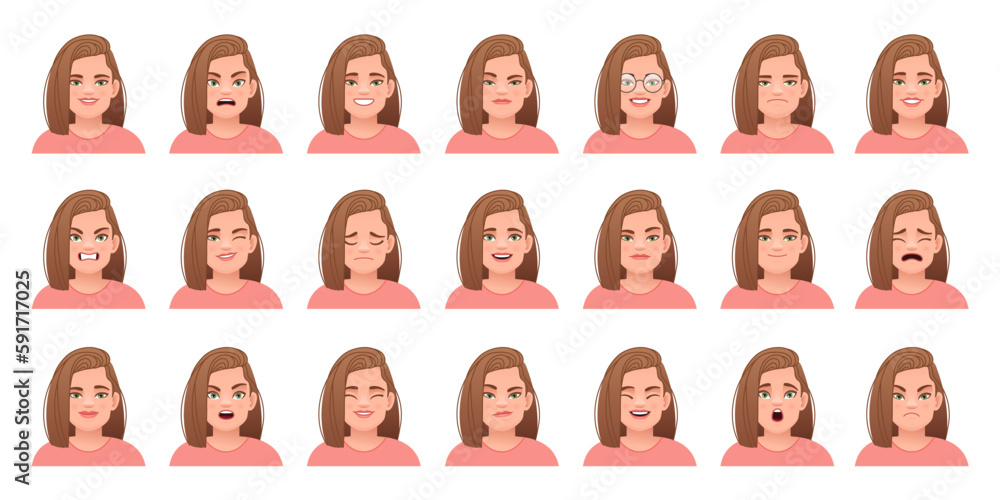 Facial expression of a beautiful stylish young girl..Set of different emotions of a cute caucasian woman with blond hair. Smile, happiness, anger, surprise, fear, sadness, etc. Facial expression of a beautiful stylish young girl..Set of different emotions of a cute caucasian woman with blond hair. Smile, happiness, anger, surprise, fear, sadness, etc.