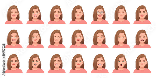 Facial expression of a beautiful stylish young girl..Set of different emotions of a cute caucasian woman with blond hair. Smile, happiness, anger, surprise, fear, sadness, etc.