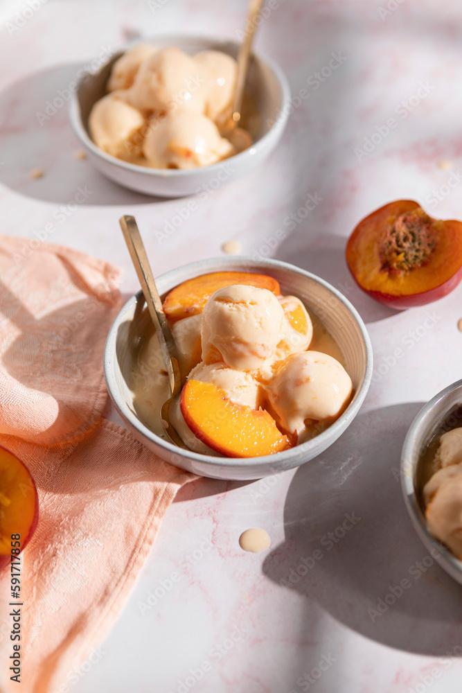 Nectarine Frozen Yogurt in three bowls Nectarine Frozen Yogurt in three bowls