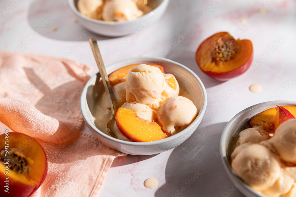 Nectarine Frozen Yogurt in three bowls Nectarine Frozen Yogurt in three bowls