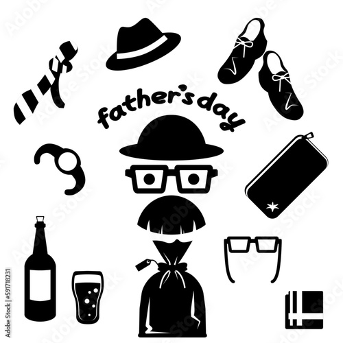 白黒で描かれた父の日のアイテムイラストセット