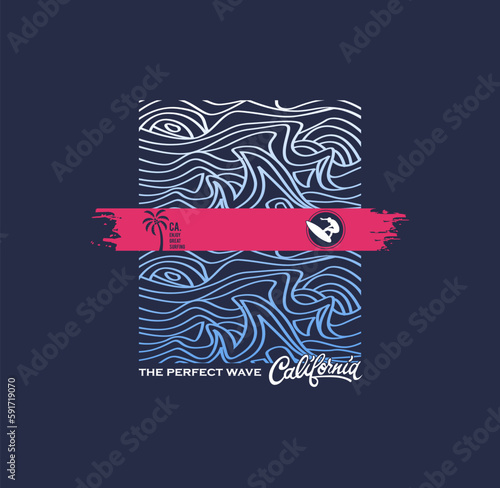Fototapeta Naklejka Na Ścianę i Meble -  Vector illustration on the theme of surfing and surf in California, Venice beach. Stamp typography, t-shirt graphics, print, poster, banner, flyer, postcard