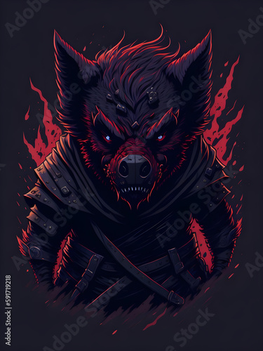 Evil ninja angry boar with t-shirt design, generative ai