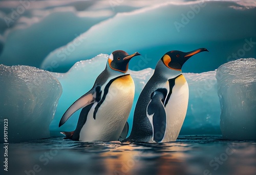 penguins in the arctic  sunny day. Ai generative. Generative AI