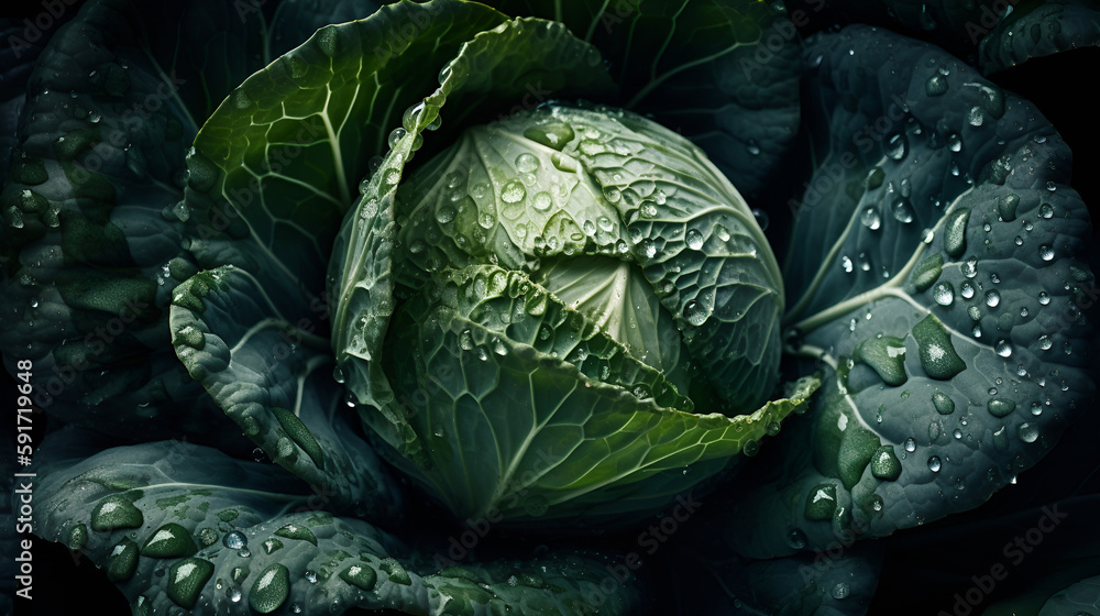 Obraz premium Fresh Cabbage Covered In Dew