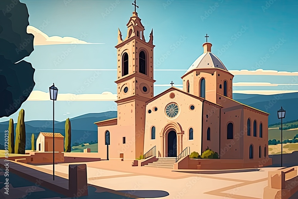 church with a clock tower against a scenic background. Generative AI