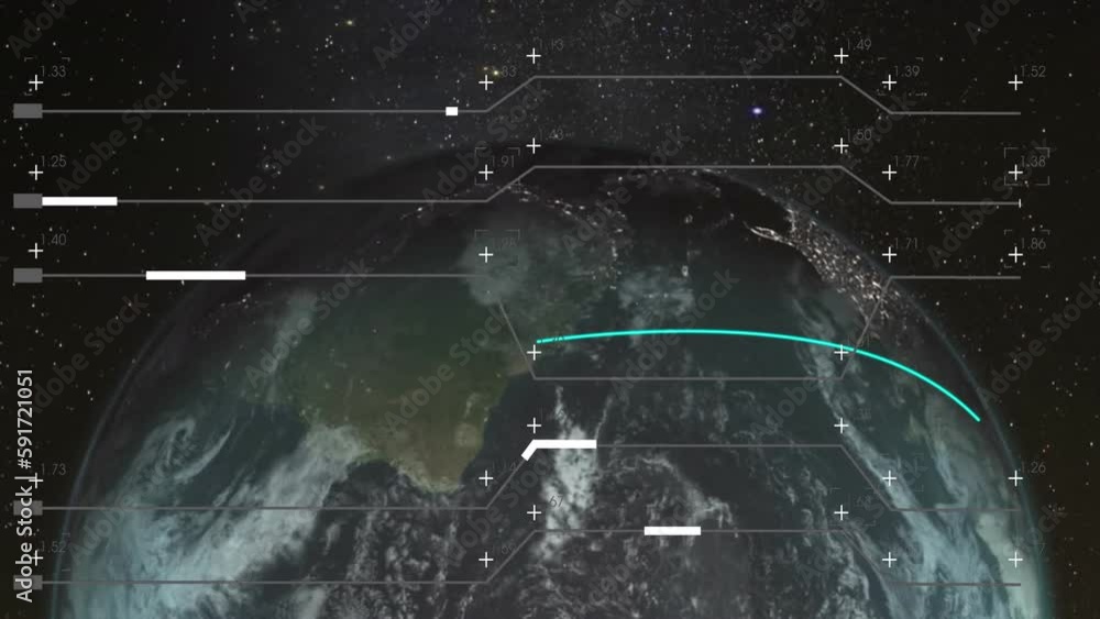 Animation of interface with data processing over spinning globe against black background