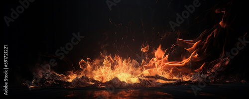 The warm glow of flames on a black background creates an abstract texture perfect for a fireplace or furnace themed design. AI Generative.
