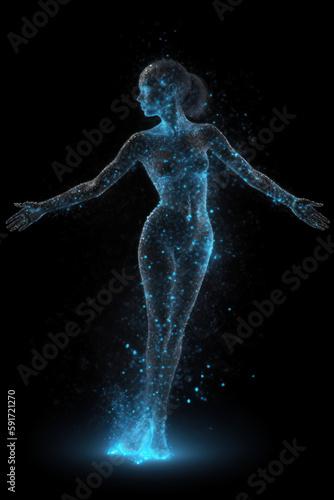 Sculpture of a beautiful girl made of luminous small particles of stardust. AI generation