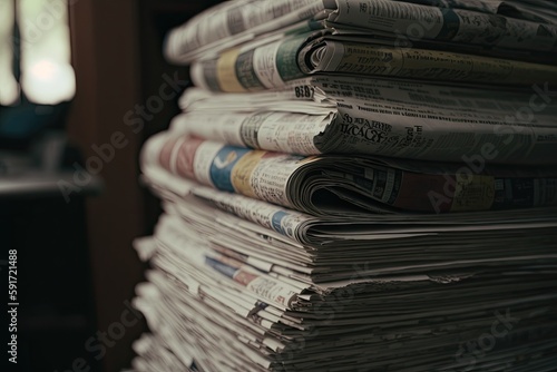 table stacked with newspapers and headlines. Generative AI