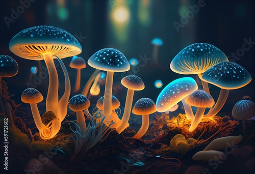 Bioluminescent Mushrooms on forest fauna. Glowing magic dmt shrooms concept art. Abstract glowing mycelium microorganism in an artistic acid wave wonderland illustration. Dreamy. Generative AI