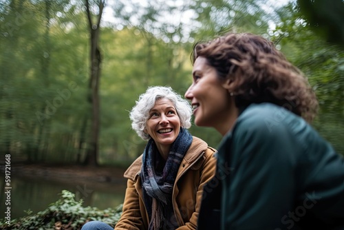 Mature woman smiling at friend in forest. Photo generative AI