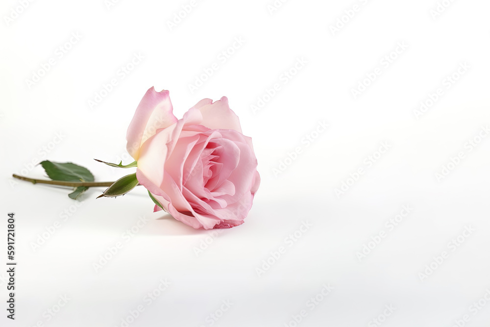 Beautiful pink rose as a symbol of love on white background with copy space. Created with Generative AI Technology Beautiful pink rose as a symbol of love on white background with copy space. Created with Generative AI Technology