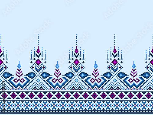 Cross Stitch and Pixel Ethnic Patterns Bring Vibrant Style to Fabrics, Sarees, and Ikat Designs, blue cross stitch color. Traditional Design.