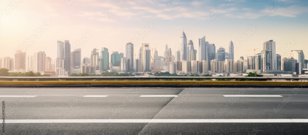 Fototapeta premium City skyline and buildings with empty asphalt road at sunrise