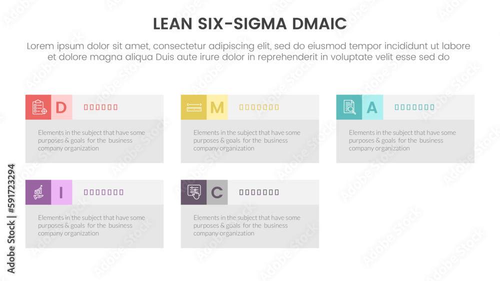 dmaic lss lean six sigma infographic 5 point stage template with rectangle box information concept for slide presentation