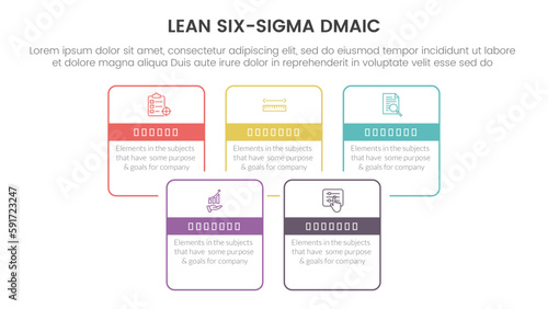 dmaic lss lean six sigma infographic 5 point stage template with square rectangle box joined combine outline style concept for slide presentation