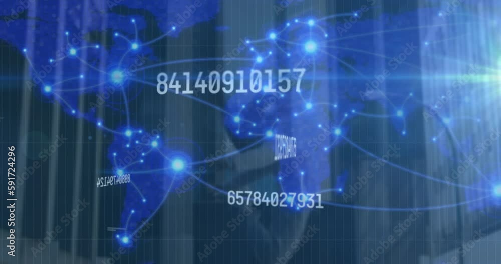 Animation of changing numbers and connected dots over map against dancer jumping in background Animation of changing numbers and connected dots over map against dancer jumping in background