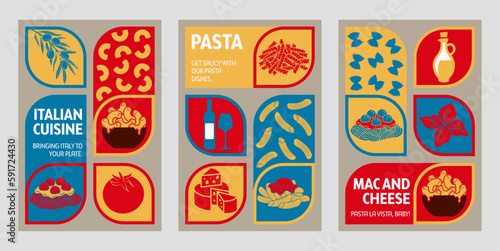A modern poster template with a geometric pattern in the background and an illustration of a bowl of mac & cheese poster vector templates. Great for social media marketing of a restaurant banner.