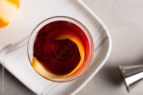 Cuadro en lienzo Boulevardier cocktail boozy bourbon whiskey, bitter and sweet vermouth with oran