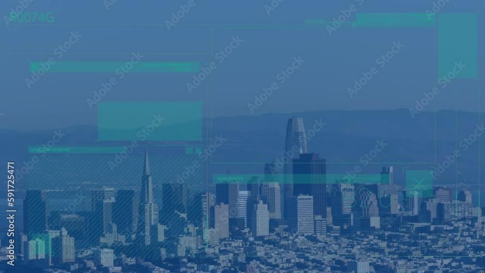 Animation of interface with data processing against aerial view of cityscape Animation of interface with data processing against aerial view of cityscape