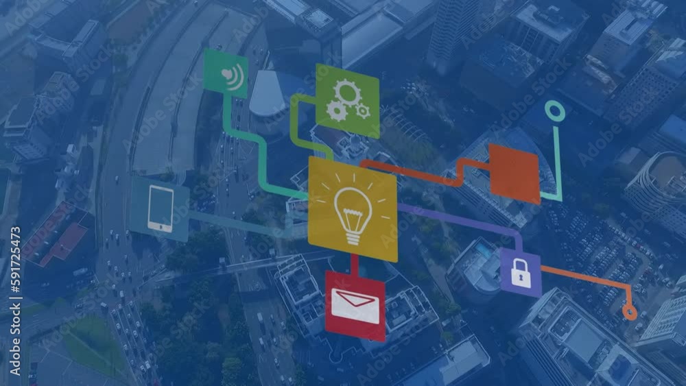 Animation of network of digital icons against aerial view of cityscape Animation of network of digital icons against aerial view of cityscape